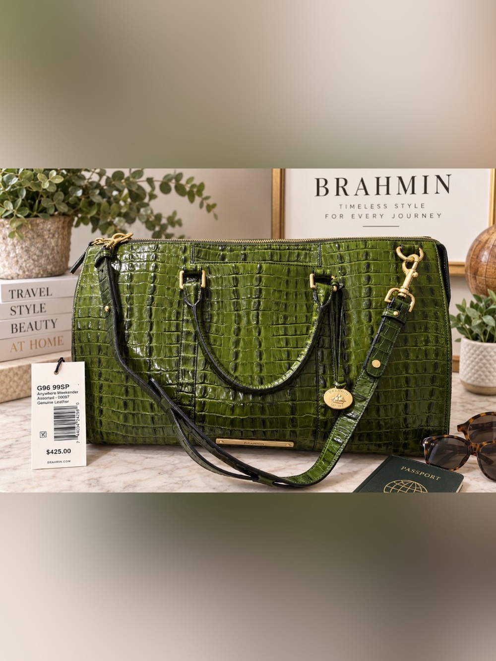 Brahmin Anywhere Weekender Green Croc Embossed Leather Travel Bag NWOT $425